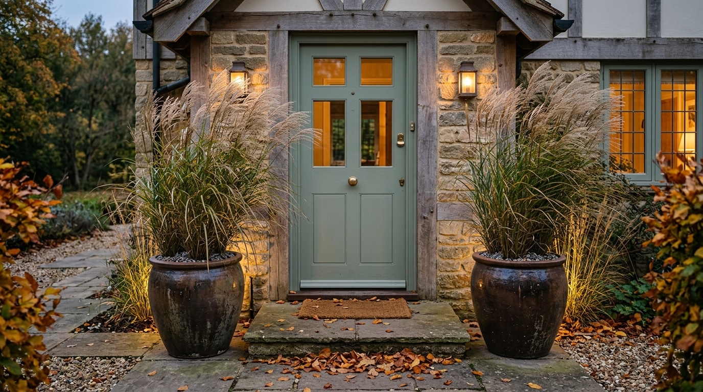 Entrée de maison encadrée de bacs de graminées