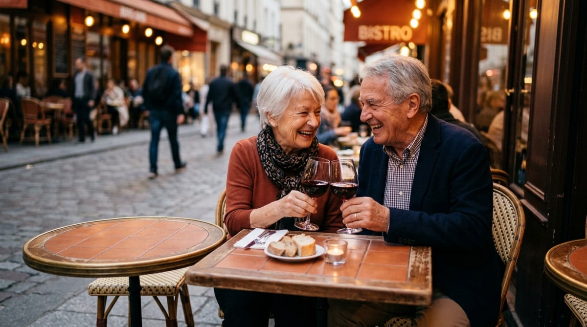 Deux clients attablés à une petite table de bistrot