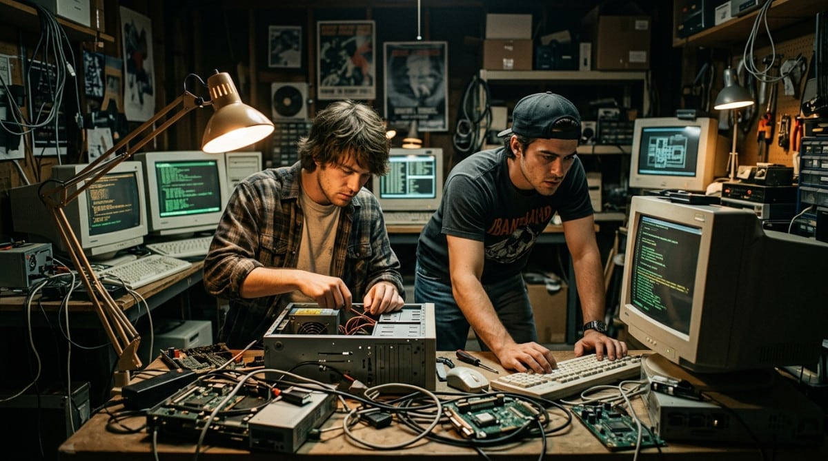 Deux fondateurs travaillant dans un garage high-tech