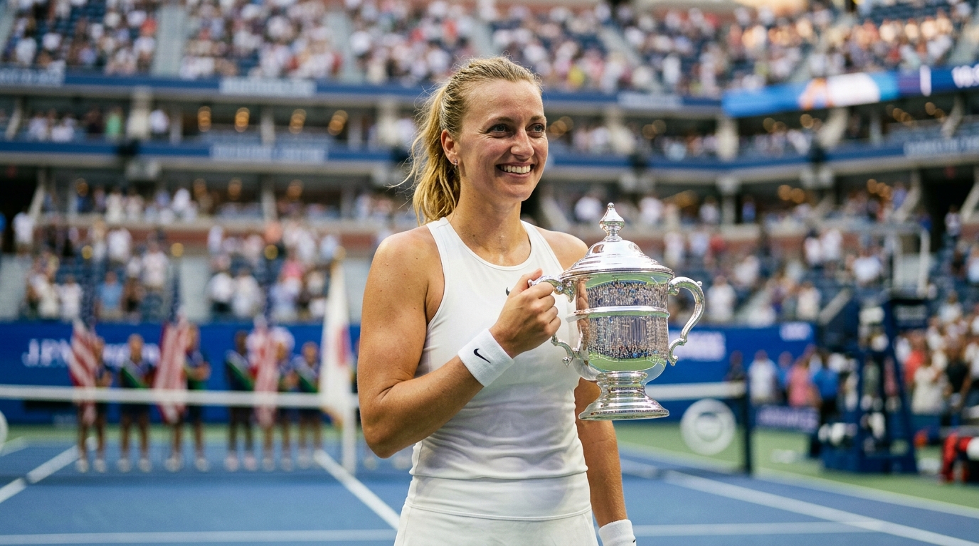 Joueuse de tennis brandissant un trophée sur un court
