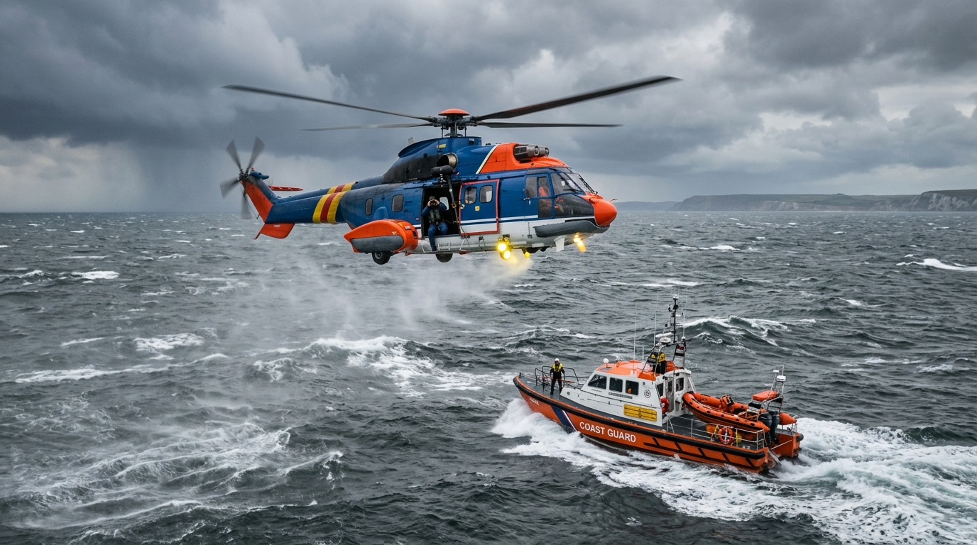 Hélicoptère de secours survolant la Manche en recherche