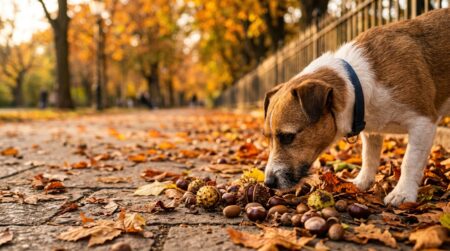 Chien reniflant des marrons sur un trottoir automnal
