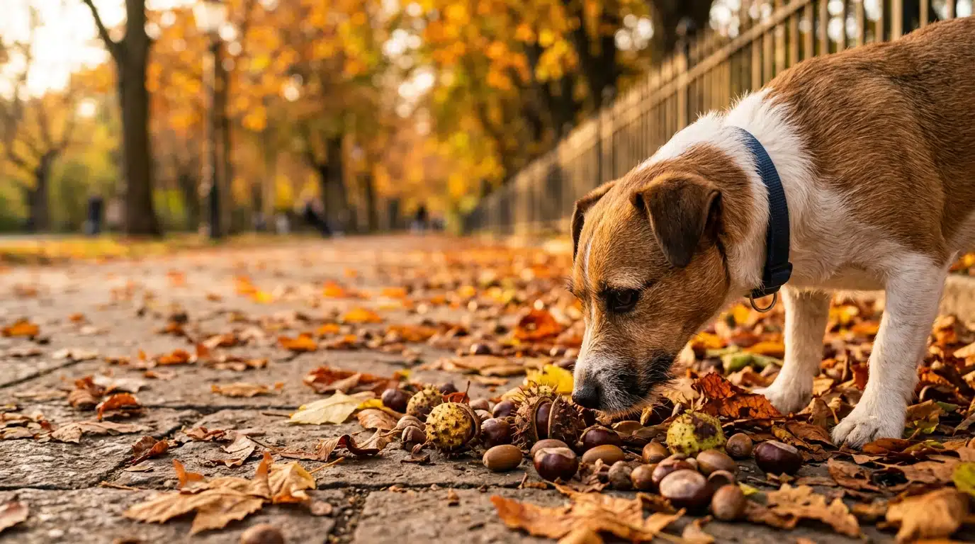 Chien reniflant des marrons sur un trottoir automnal