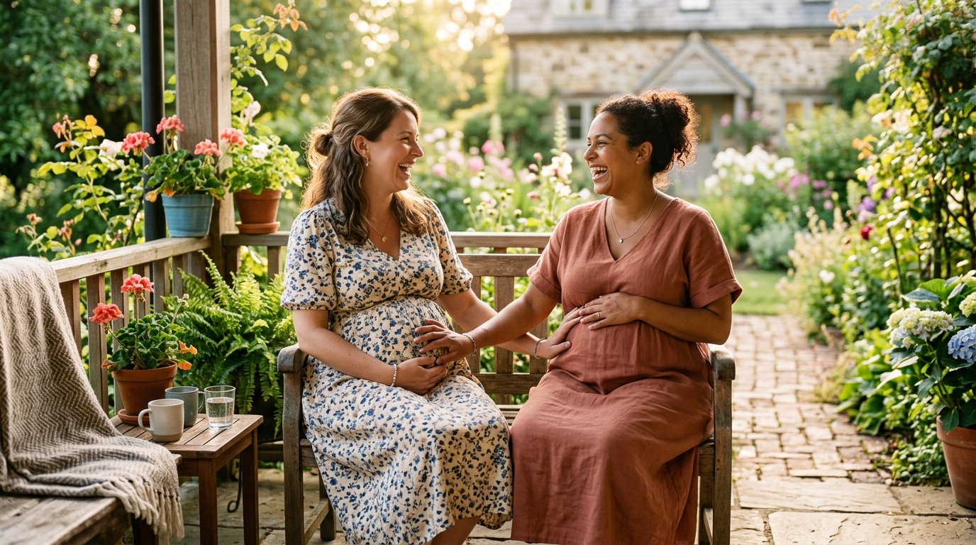 Deux amies enceintes assises ensemble au soleil