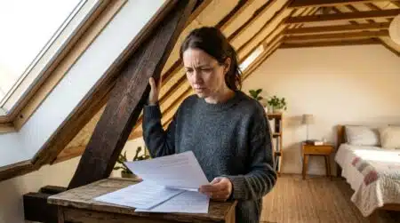 Propriétaire inquiet dans des combles aménagés avec documents