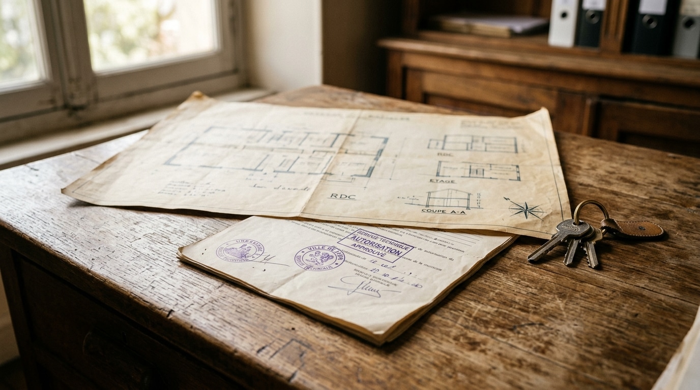 Plan de maison et papiers d'urbanisme sur un bureau