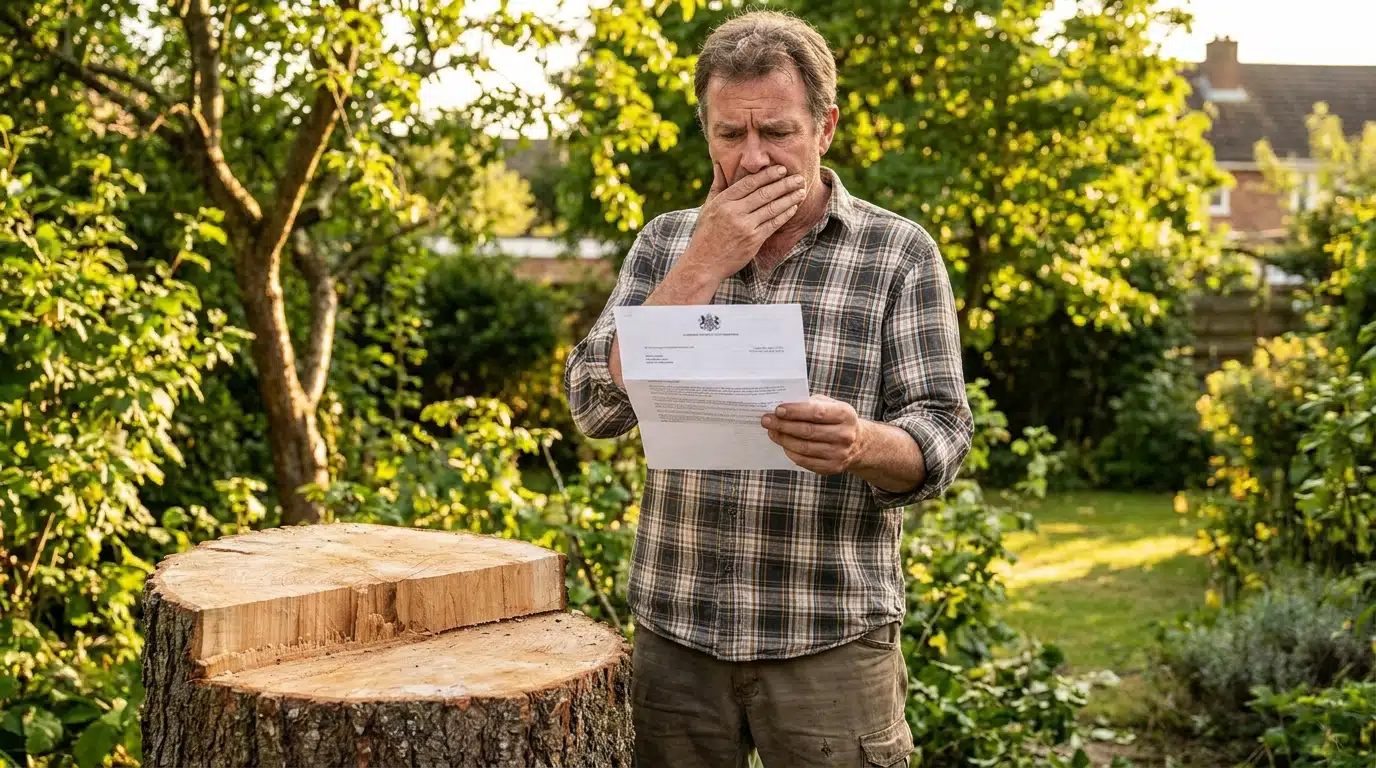 Homme inquiet face à une souche d'arbre coupé
