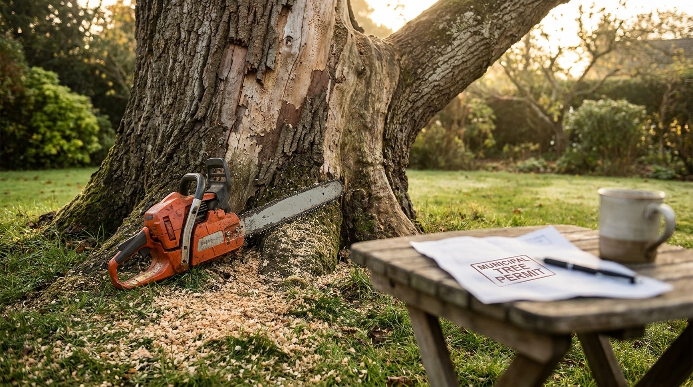 Tronçonneuse posée contre un tronc d'arbre coupé