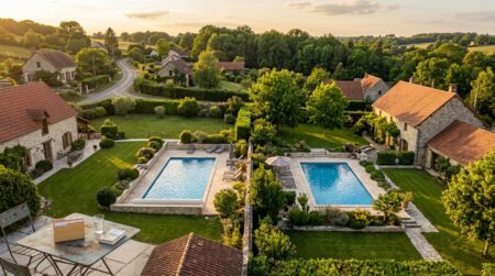Vue aérienne de deux piscines voisines identiques au soleil