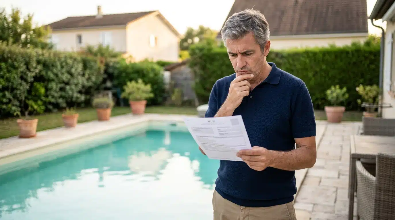 Propriétaire inquiet tenant un document fiscal près de sa piscine