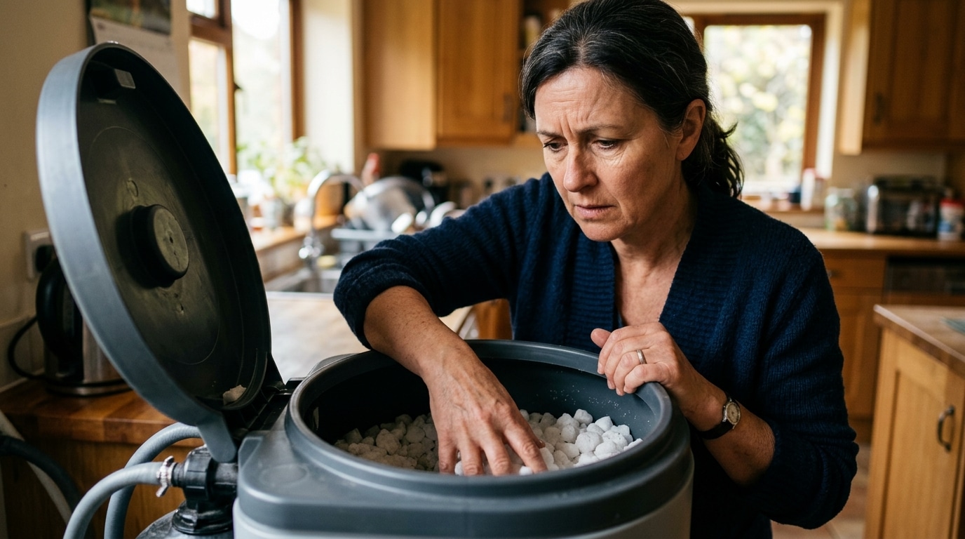 Femme vérifie le niveau de sel de l'adoucisseur