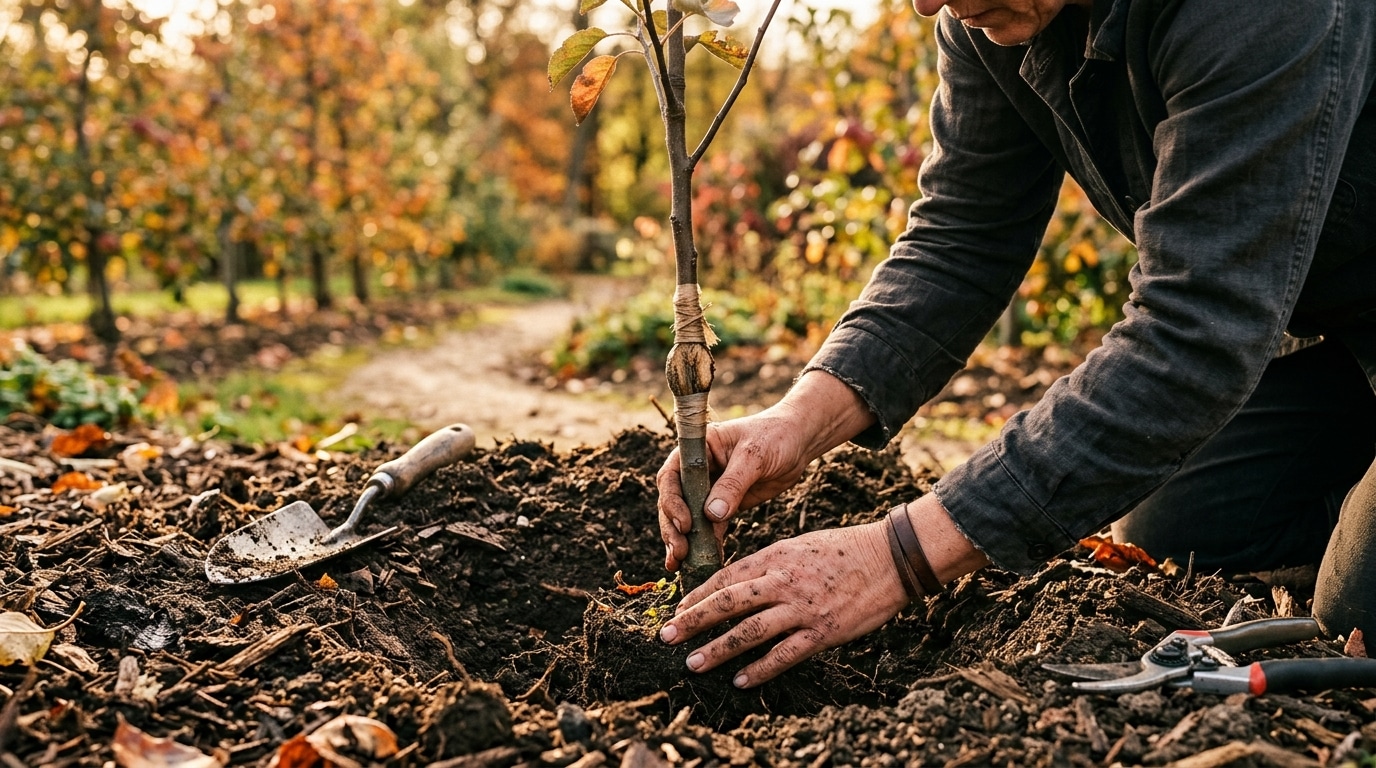 Main de jardinier plantant un jeune pommier greffé