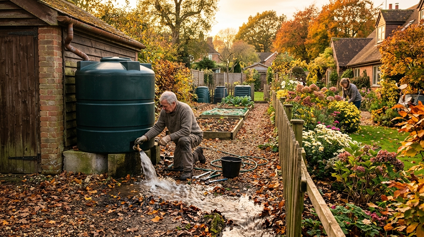Voisin vidant sa cuve de récupération d'eau de pluie en automne