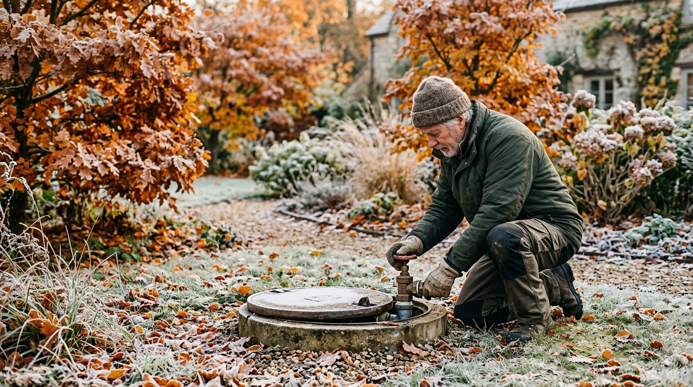 Jardinier vérifiant une cuve d'eau de pluie enterrée en hiver