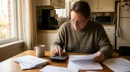 Personne consultant des documents de crédit à table