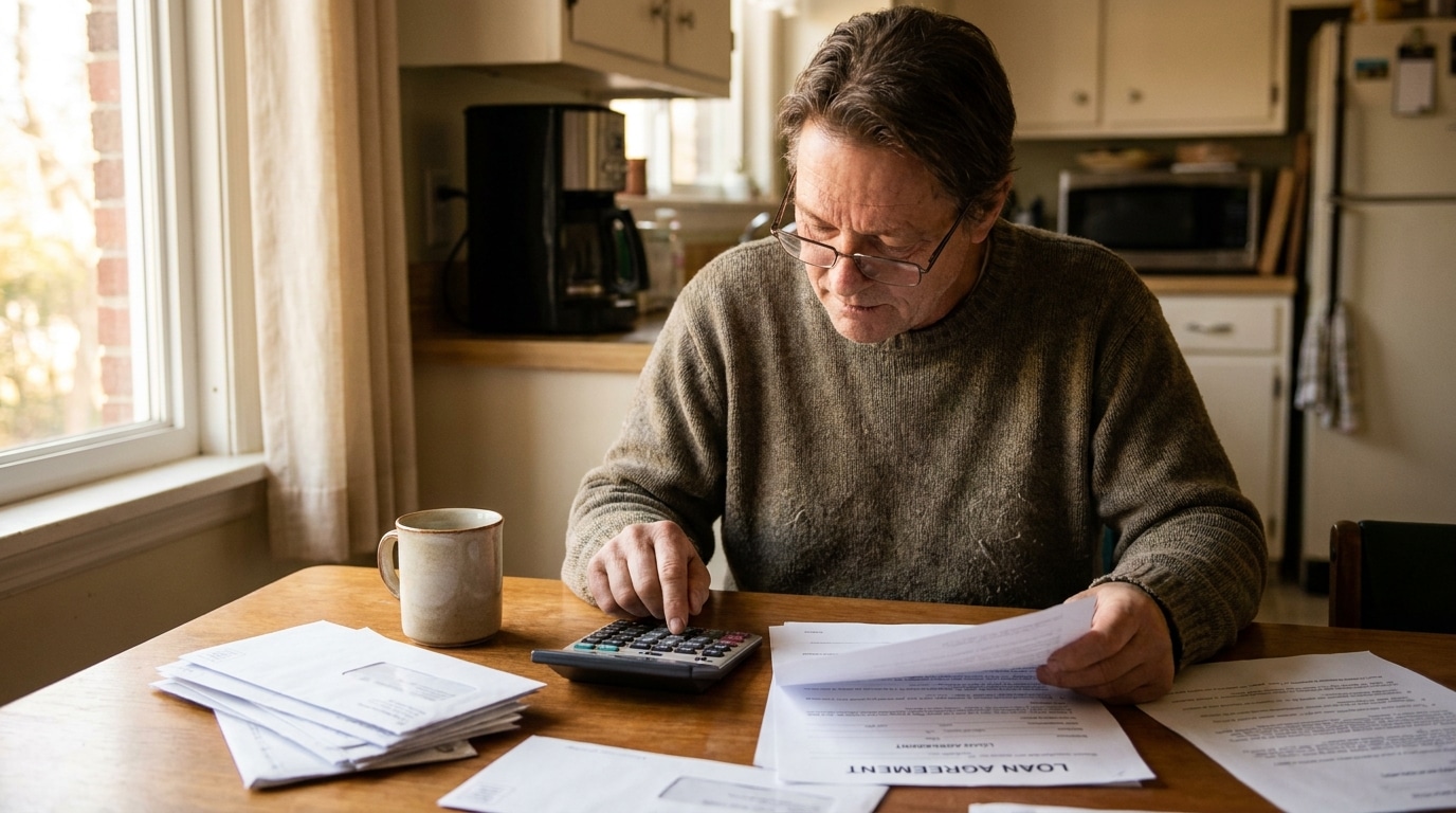 Personne consultant des documents de crédit à table