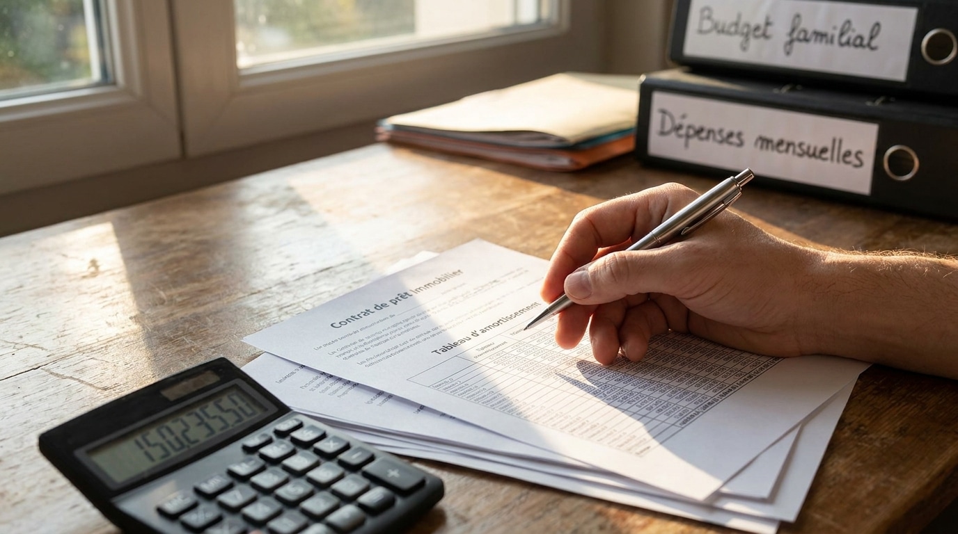 Calculatrice et papiers de prêt sur un bureau