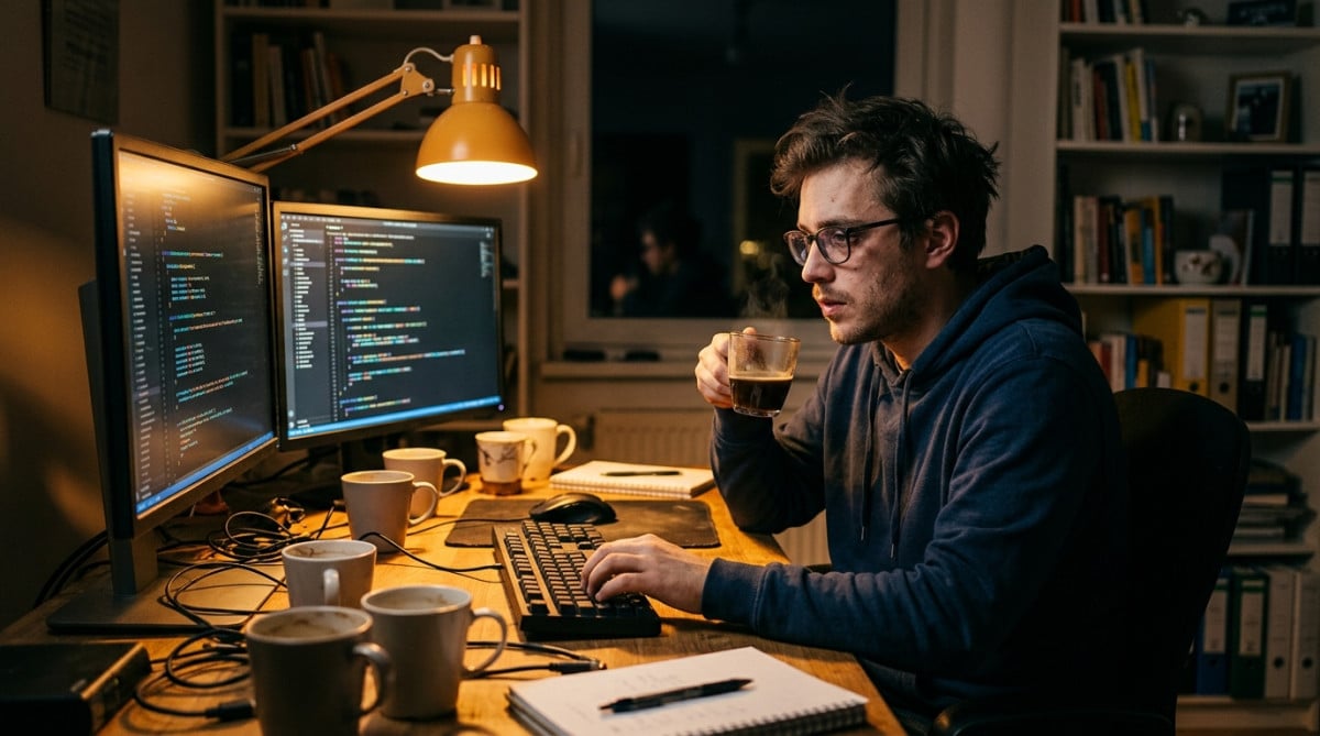 Développeur épuisé buvant du café la nuit au bureau