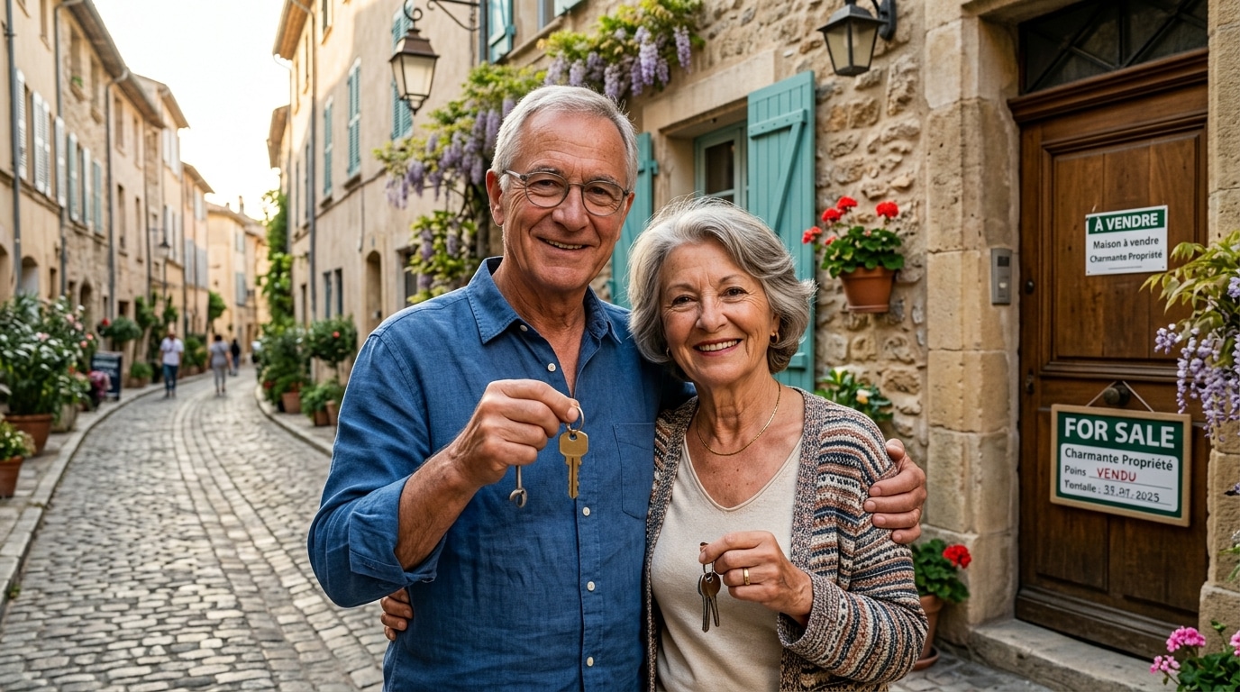 Couple de retraités souriant devant une maison à vendre