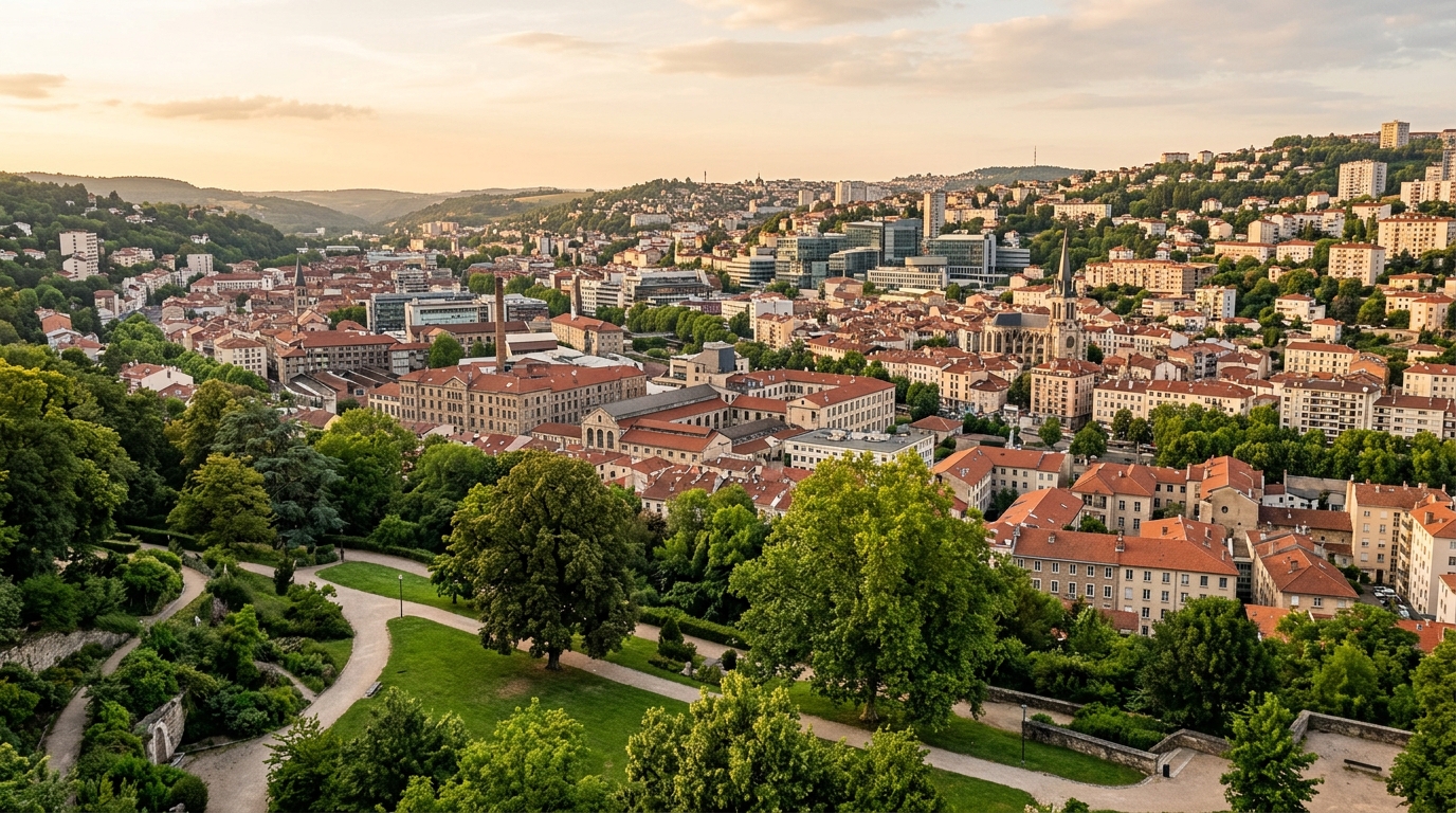 Vue panoramique d'une ville du sud-est au coucher du soleil