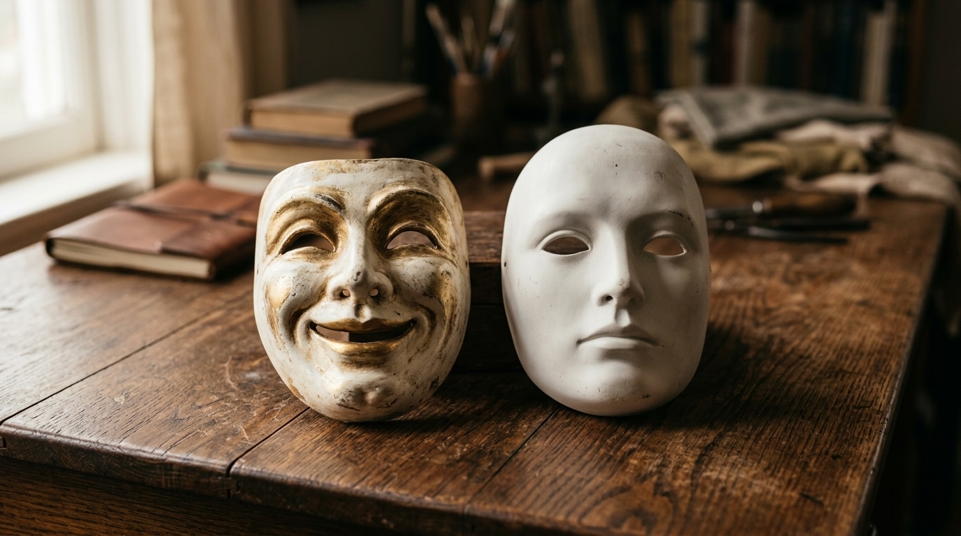 Deux masques théâtraux, l'un souriant l'un neutre
