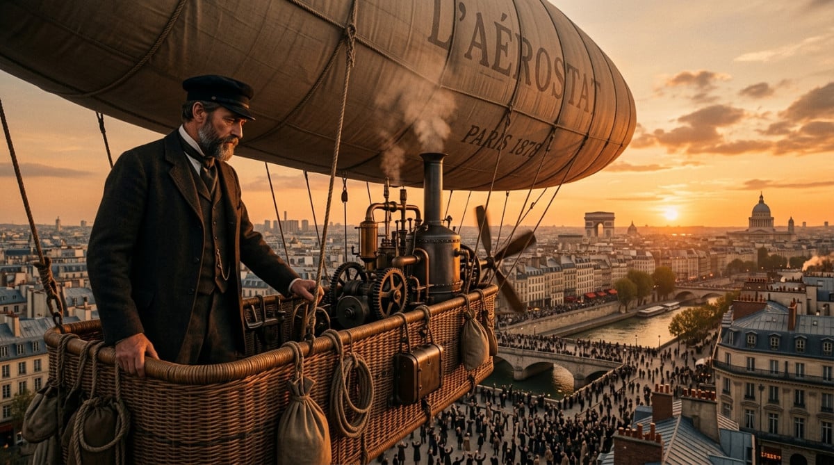 Dirigeable de Giffard survolant Paris en 1852