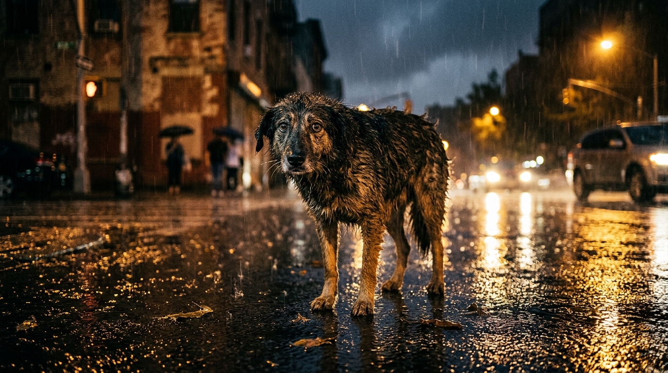 Chienne errante trempée seule sous la pluie