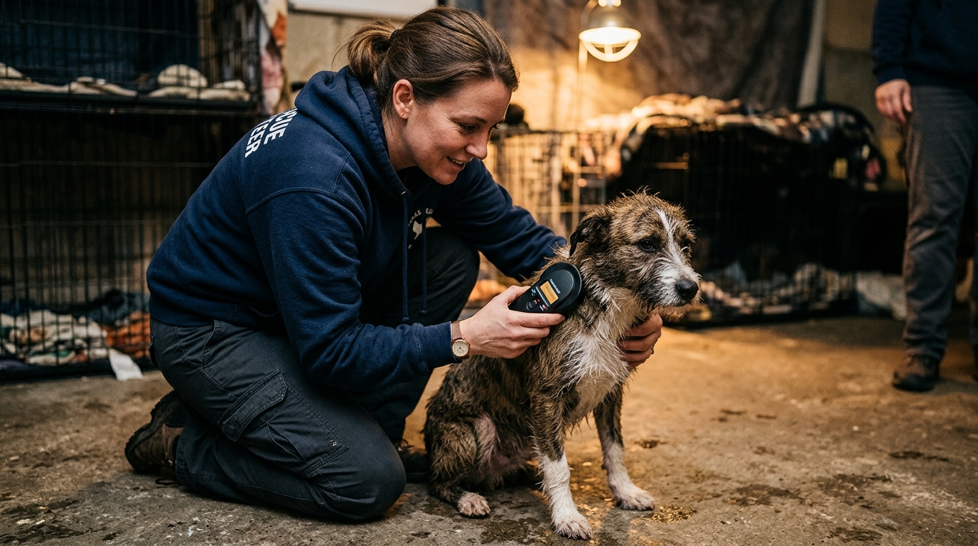 Sauveteur scanne la puce électronique de la chienne
