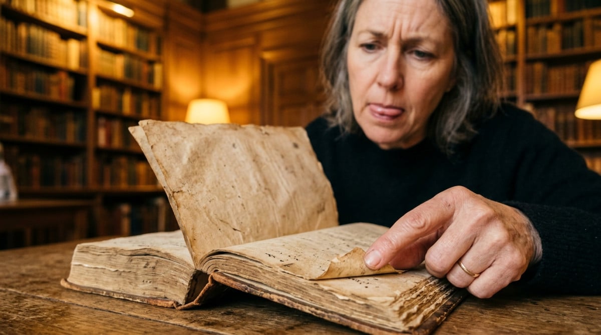Doigt humide posé sur une page de livre ancien