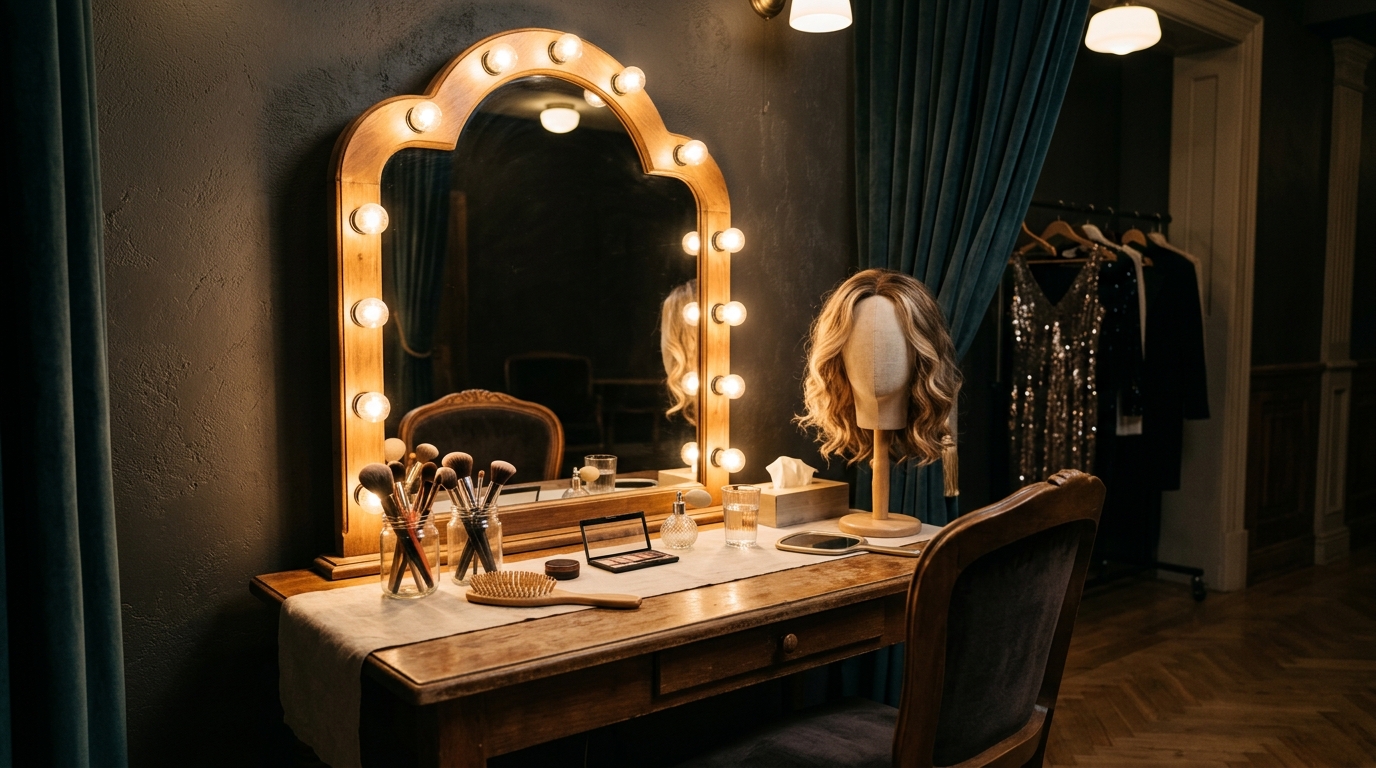 Table de maquillage et perruque blonde dans une loge silencieuse