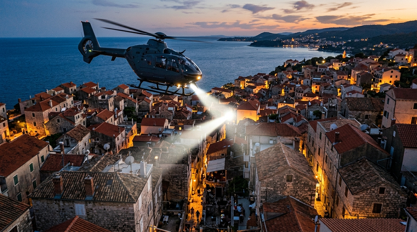 Hélicoptère de gendarmerie survolant une ville côtière