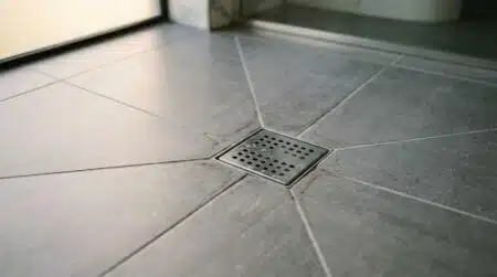 Douche à l'italienne avec carrelage et traces d'humidité