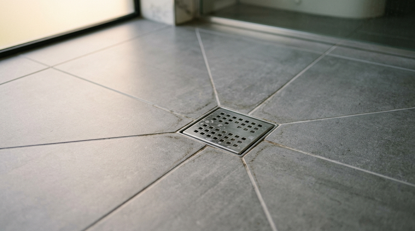 Douche à l'italienne avec carrelage et traces d'humidité