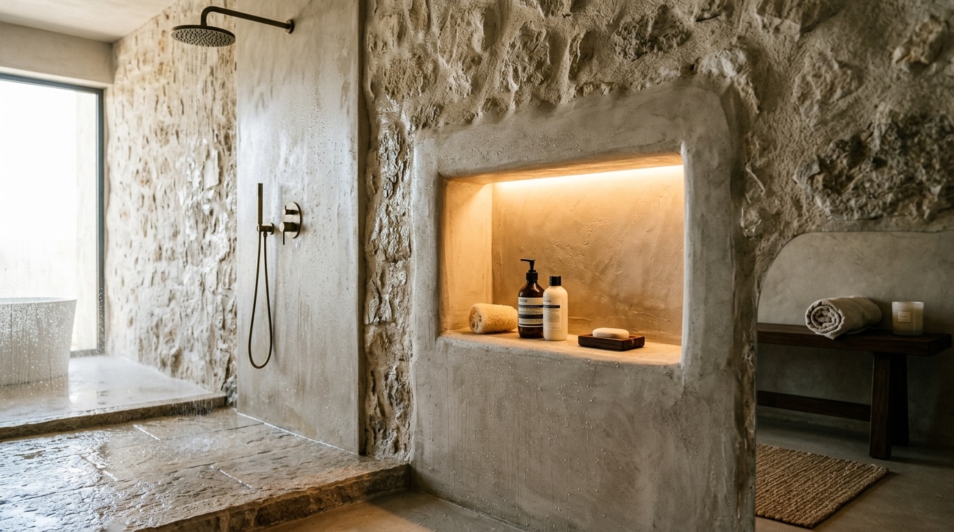 Douche en niche creusée dans un mur en pierre