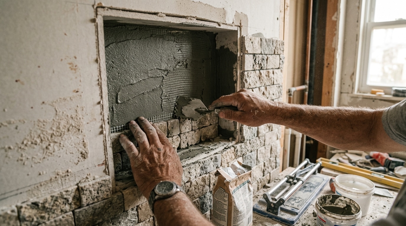 Artisan carrelant une alcôve de douche murale