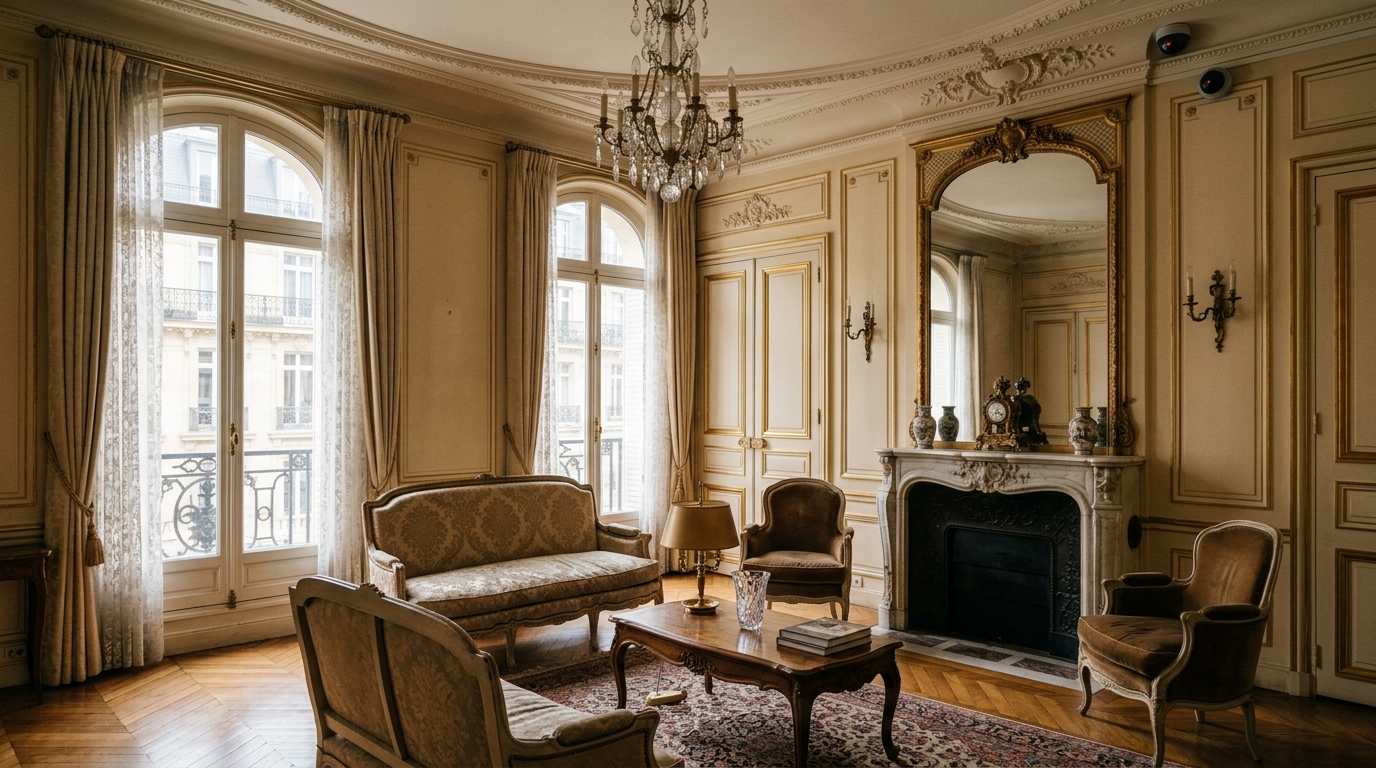 Salon cossu parisien avec caméra de surveillance discrète