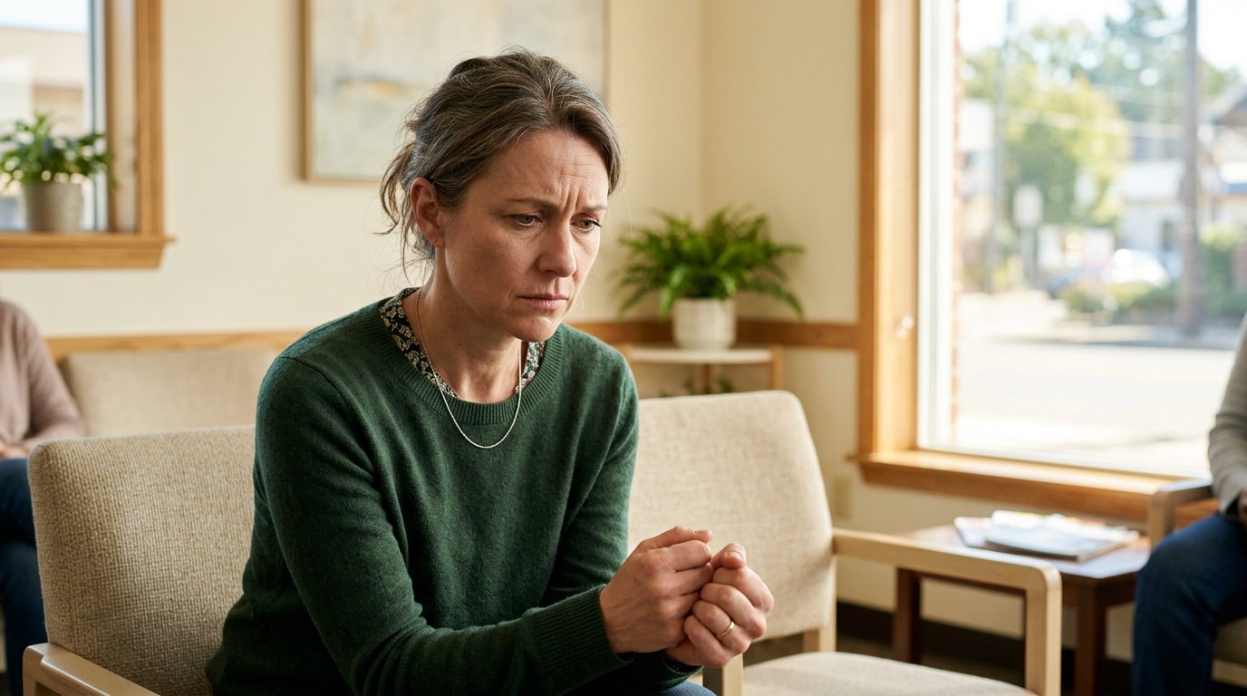 Femme inquiète dans une salle d'attente de clinique esthétique