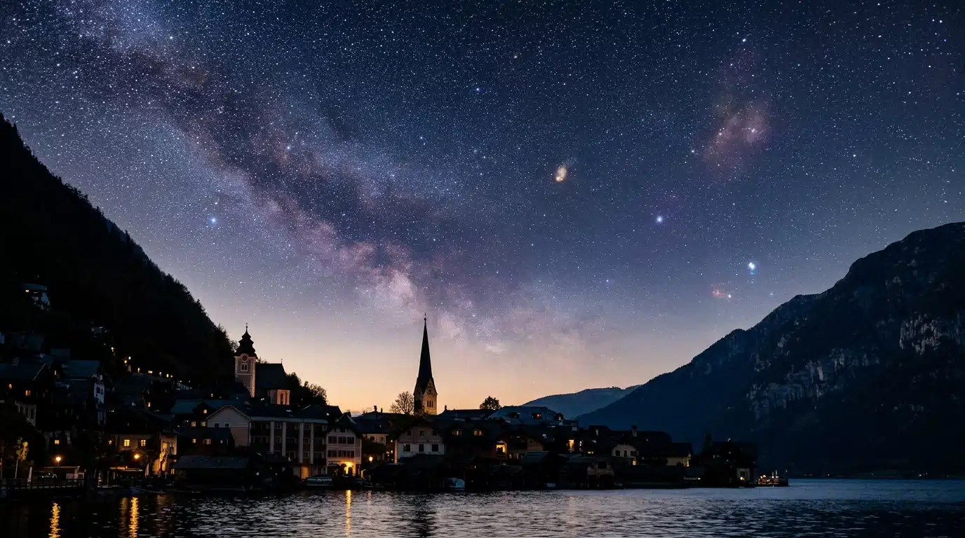 Ciel étoilé avec symboles zodiacaux au-dessus d'une ville