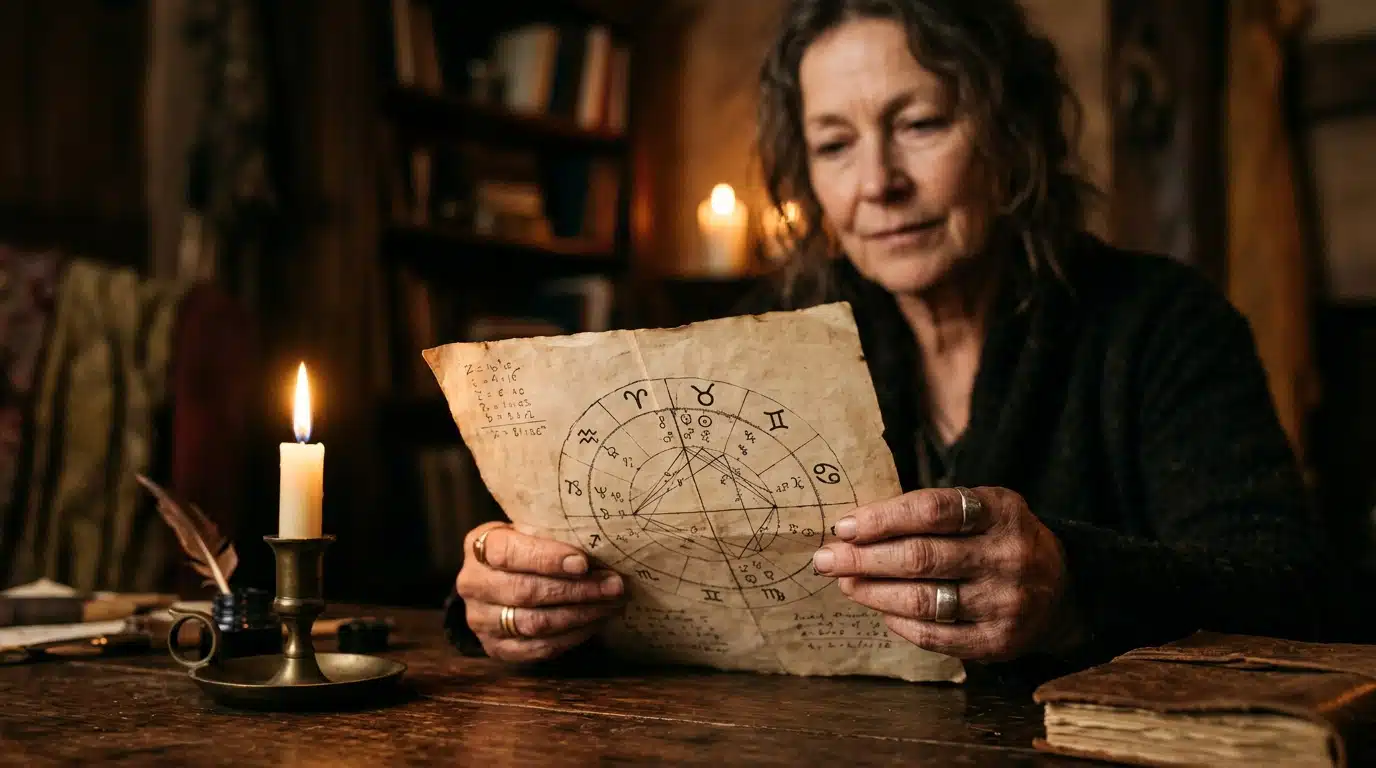 Mains tenant une carte astrologique ancienne à la bougie