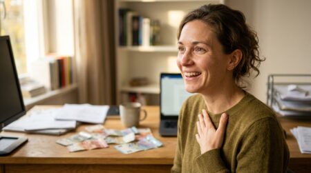 Femme souriante devant des billets et un bureau