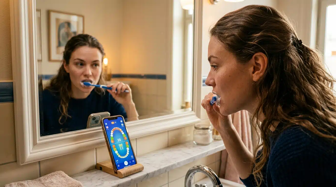 Femme se brossant les dents avec application de suivi
