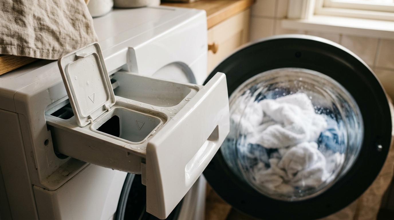 Bac à Javel ouvert d'un lave-linge avec linge blanc