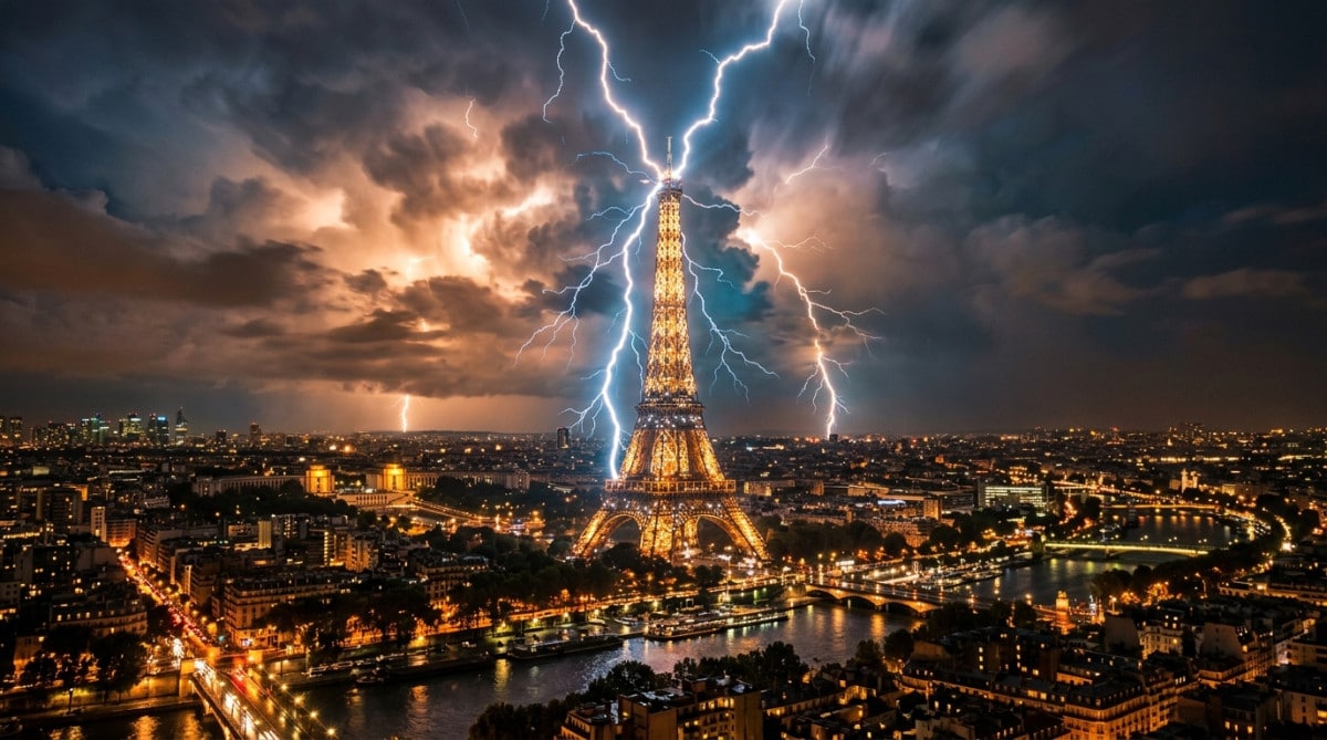 Éclairs frappant la Tour Eiffel pendant un orage nocturne