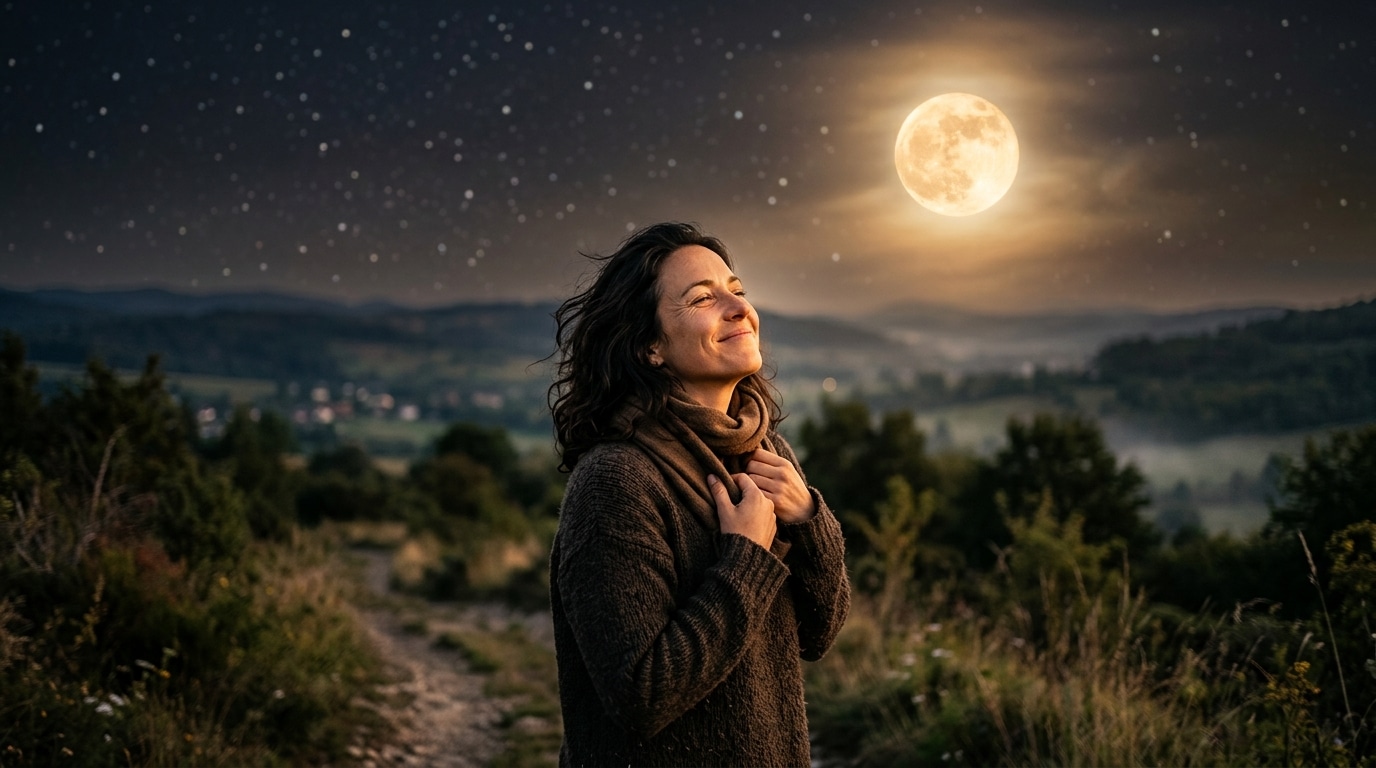 Femme soulagée sous la pleine lune en Poissons
