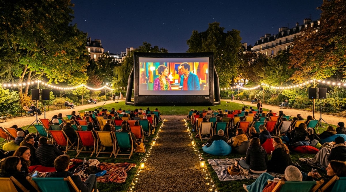 Écran gonflable géant lors d'un cinéma en plein air moderne
