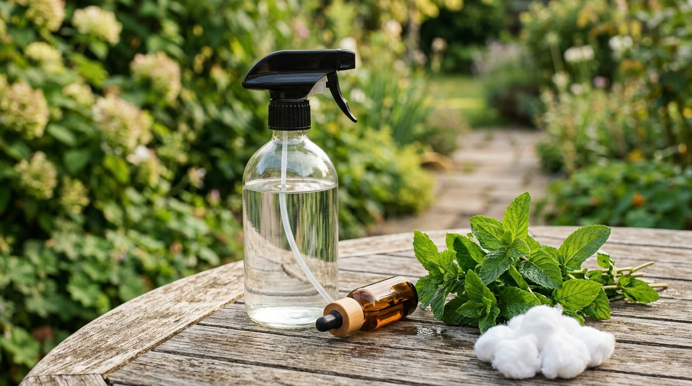 Flacon de spray et feuilles de menthe sur table