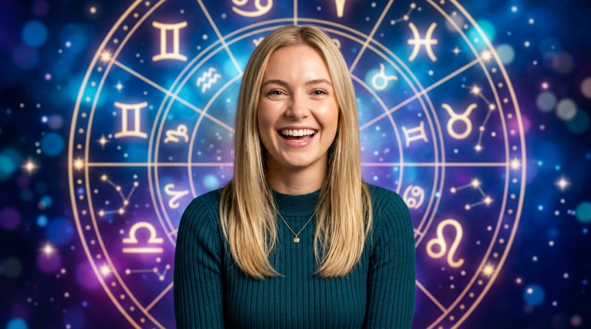 Editorial portrait photo of a young blonde woman with straight hair, looking at camera with amazed a