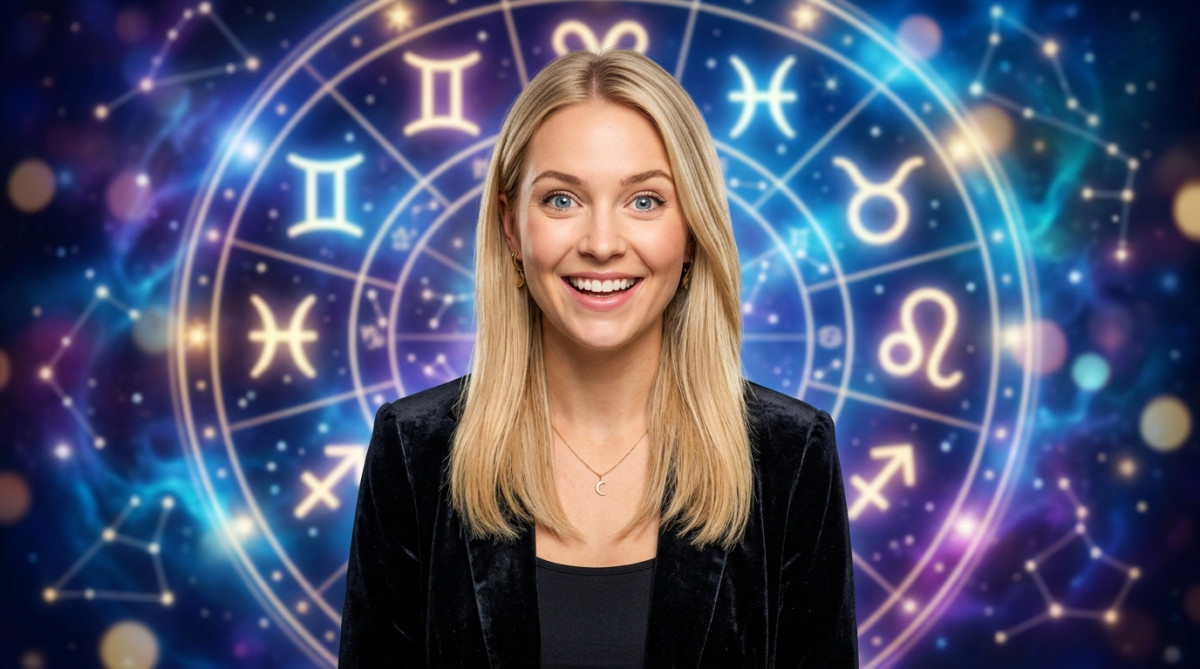 Editorial portrait photo of a young blonde woman with straight hair, looking at camera with amazed a