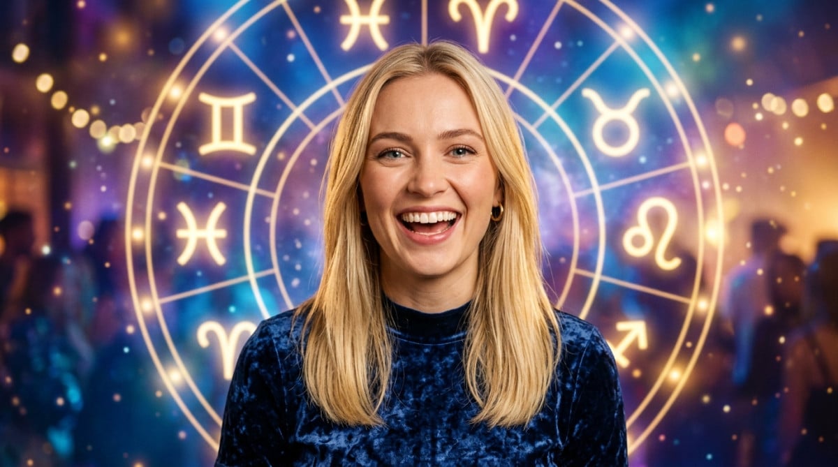Editorial portrait photo of a young blonde woman with straight hair, looking at camera with amazed a