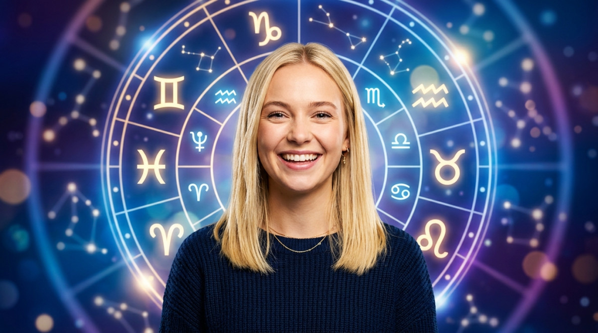 Editorial portrait photo of a young blonde woman with straight hair, looking at camera with amazed a